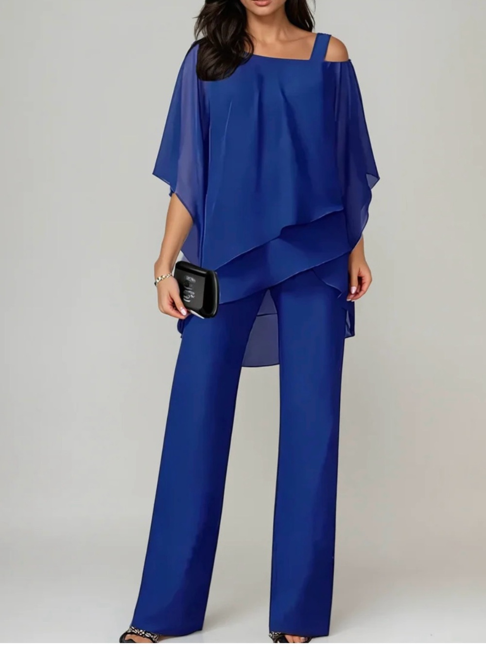 Modern Royal Blue Wide-Leg Jumpsuit with Draped Overlay